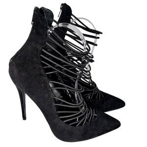 NWOT!JACOBIES! BLACK VEGAN SUEDE MICROFIBER LADDER STRAPPED ANKLE BOOTS! SZ 7.5M